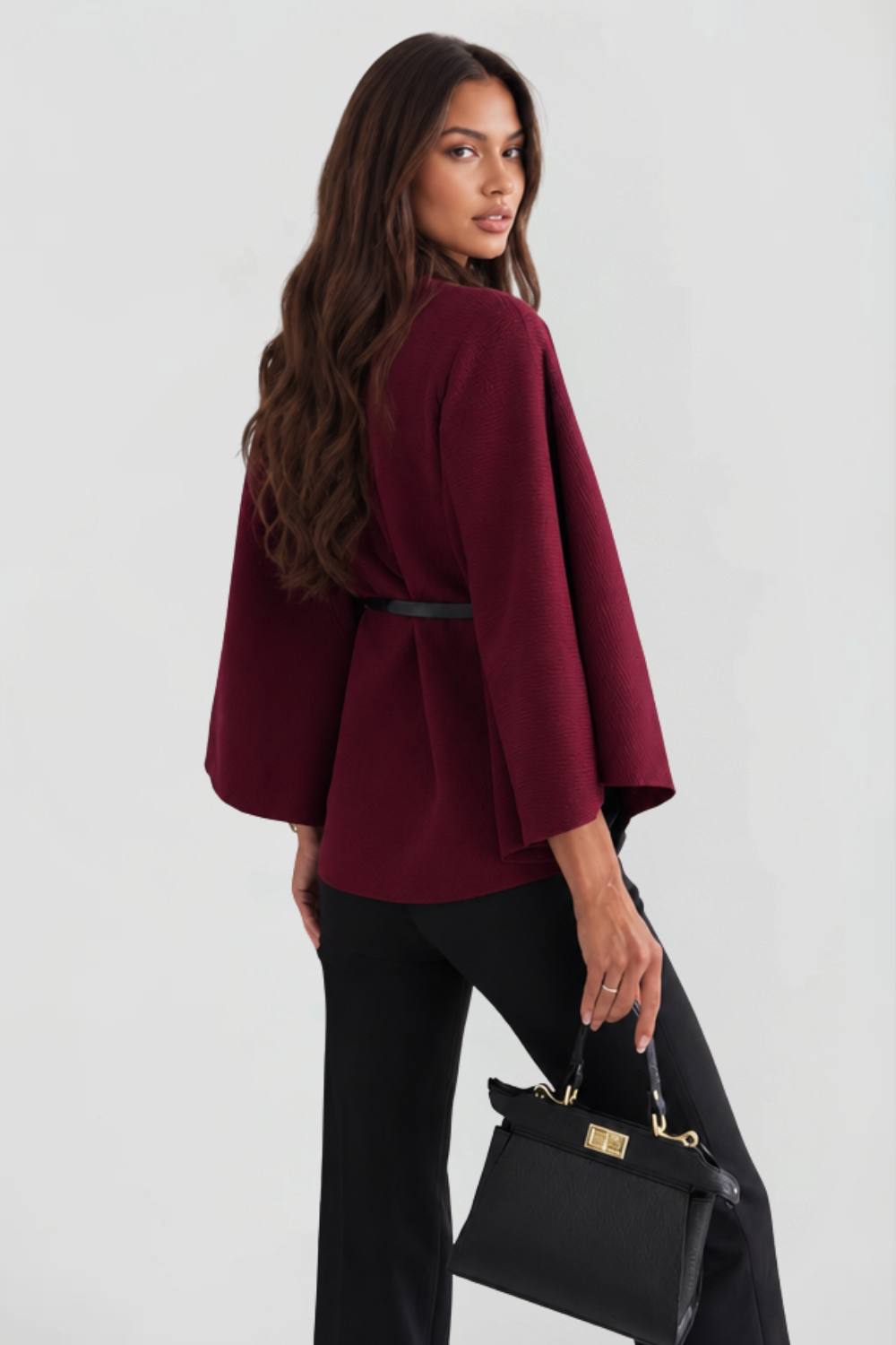 Capa de Lana Mujer con Cinturón y Cuello Alto Tipo Embudo - Vista 3