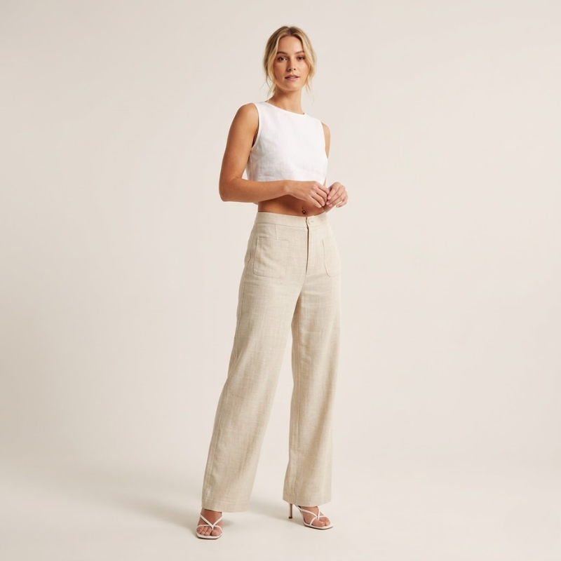 Pantalones Rectos Mujer de Tejido Plano y Botón Frontal - vista 2