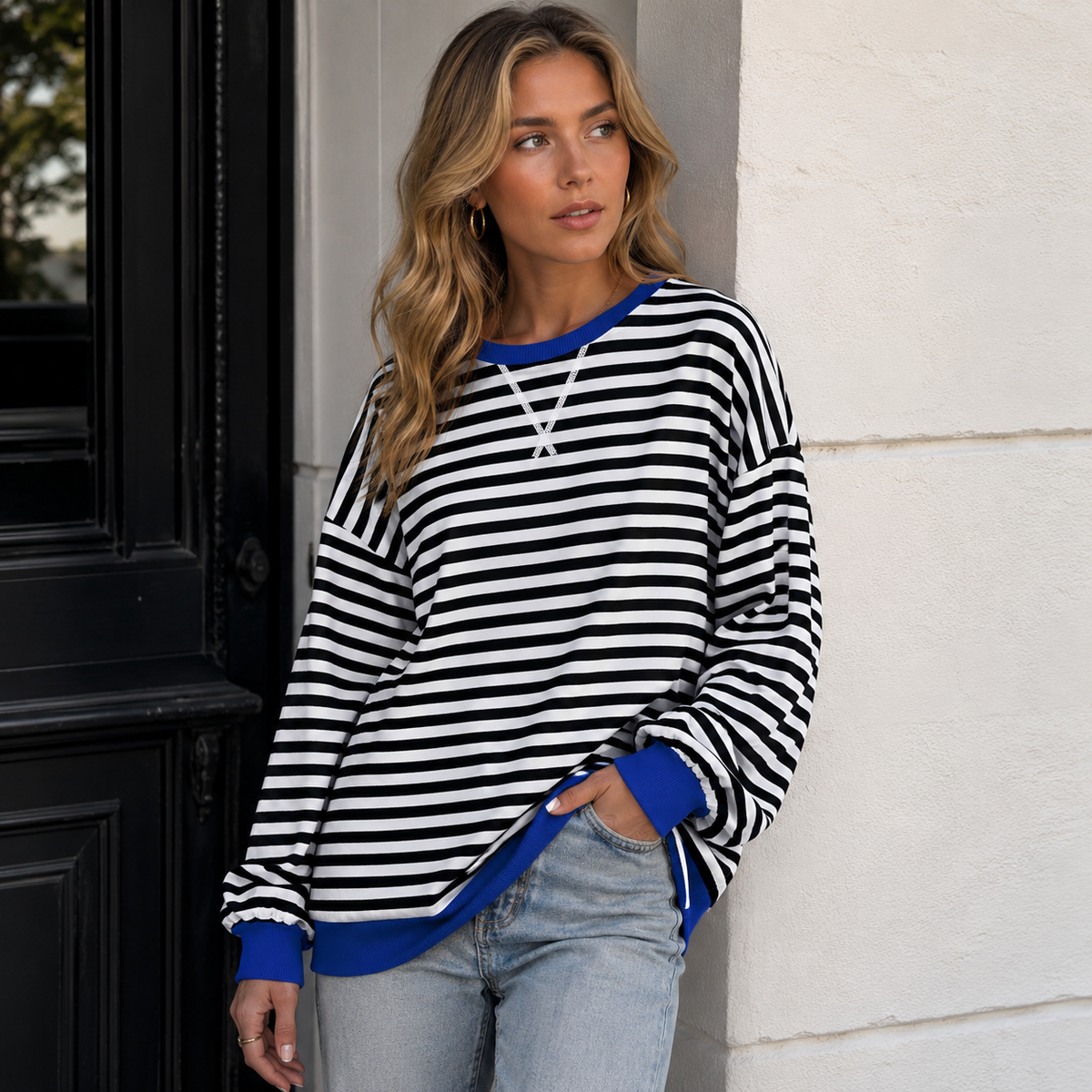 Sudadera Oversize Mujer a Rayas con Puños y Bajo en Contraste - Negro