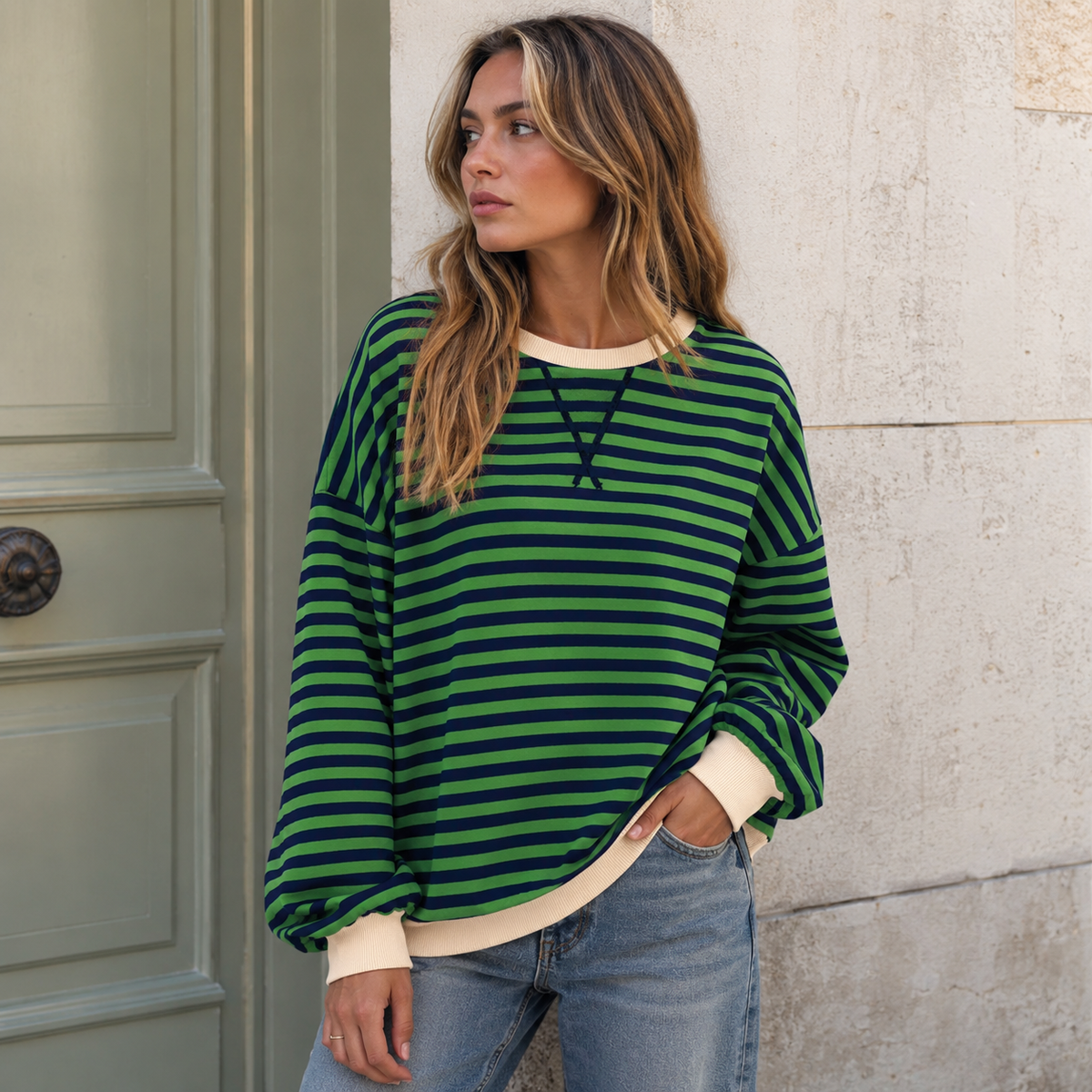 Sudadera Oversize Mujer a Rayas con Puños y Bajo en Contraste - Verde