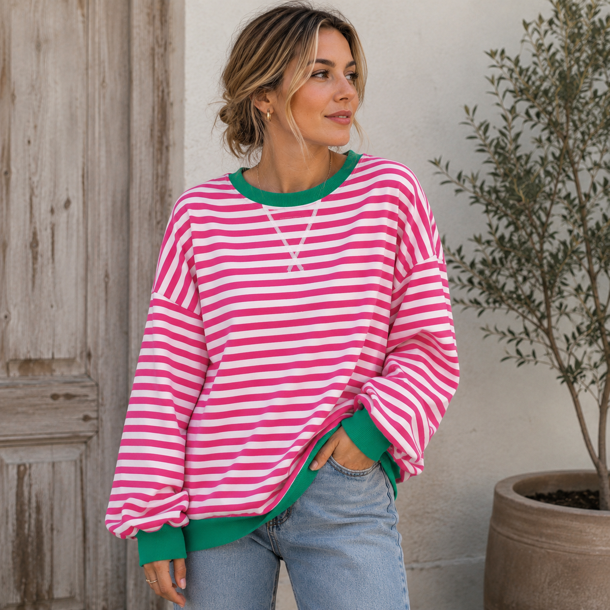 Sudadera Oversize Mujer a Rayas con Puños y Bajo en Contraste - Vista 11