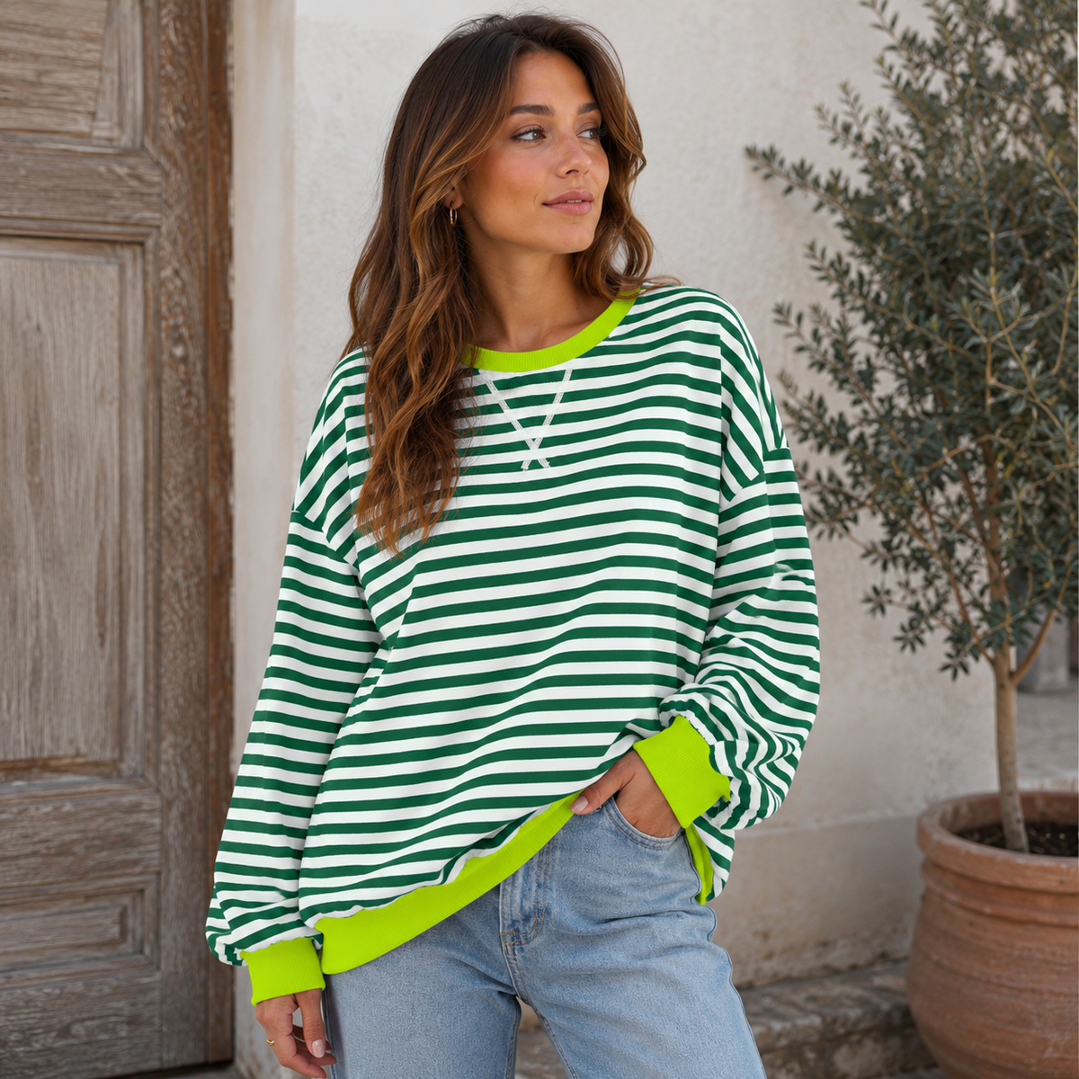 Sudadera Oversize Mujer a Rayas con Puños y Bajo en Contraste - Verde Oliva