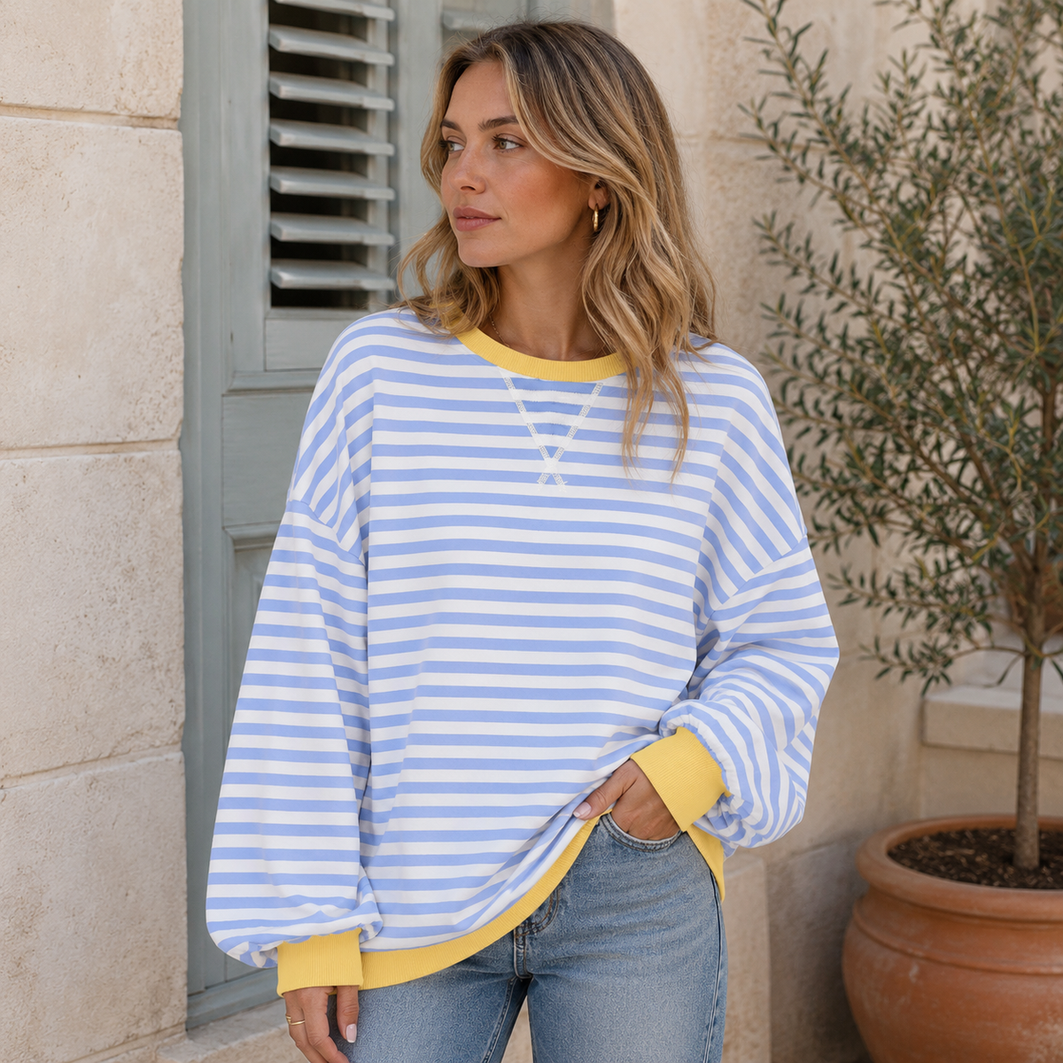 Sudadera Oversize Mujer a Rayas con Puños y Bajo en Contraste - Azul