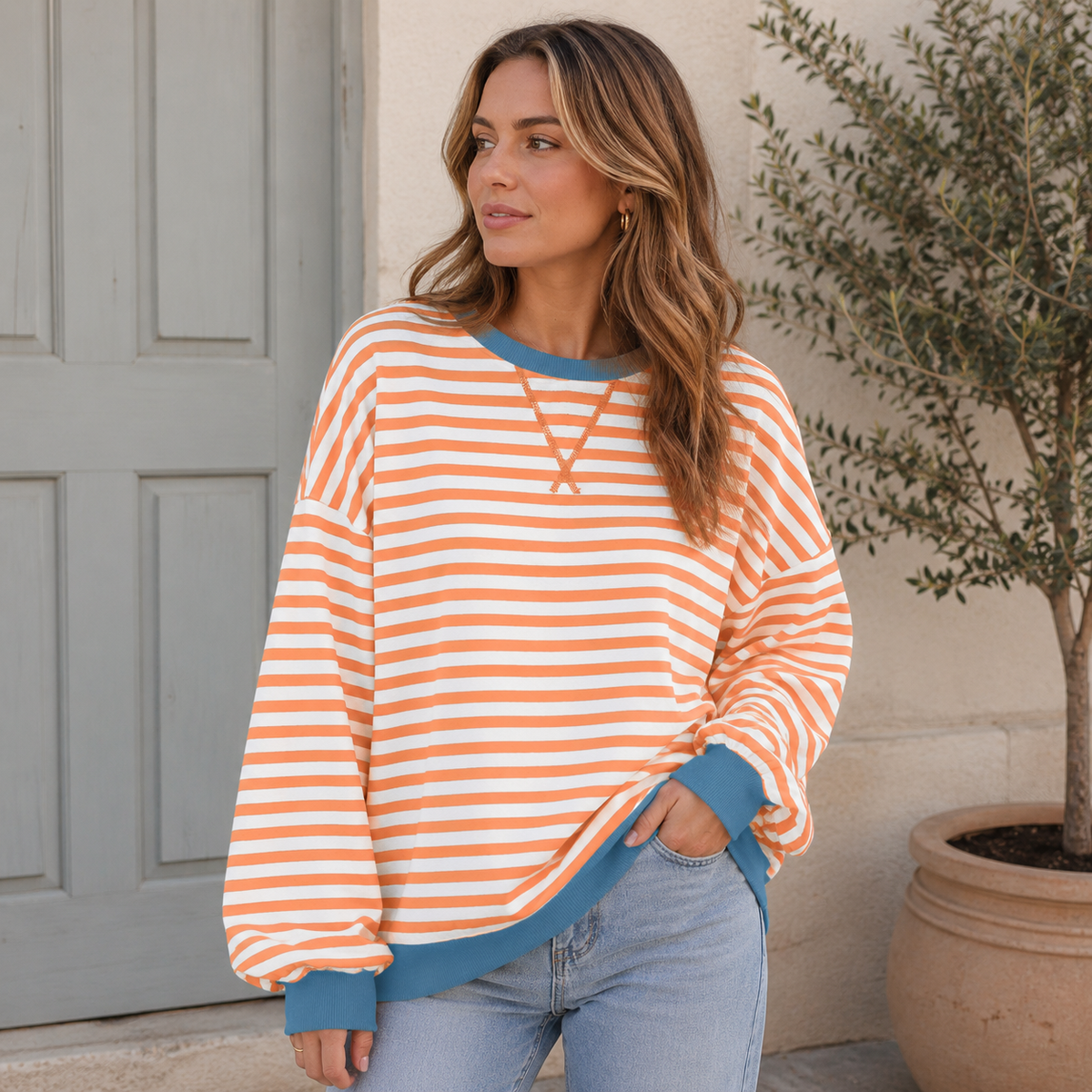 Sudadera Oversize Mujer a Rayas con Puños y Bajo en Contraste - Camel