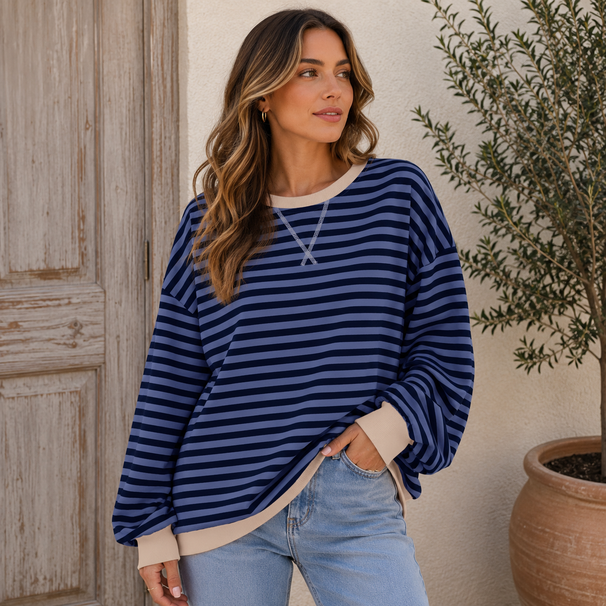 Sudadera Oversize Mujer a Rayas con Puños y Bajo en Contraste - Azul Marino
