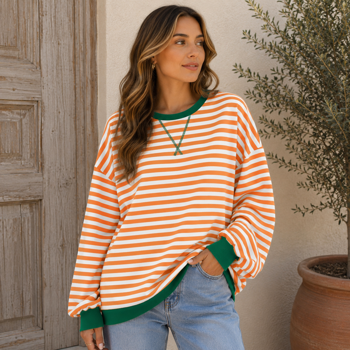 Sudadera Oversize Mujer a Rayas con Puños y Bajo en Contraste - Beige