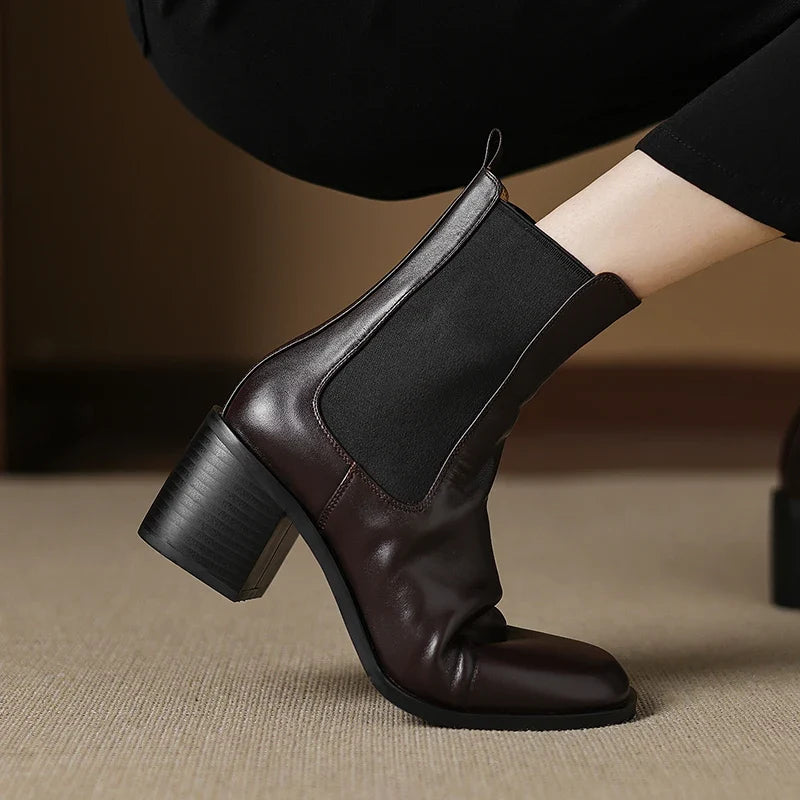 Botines Chelsea de Tacón Mujer con Elástico Lateral y Tacón Grueso