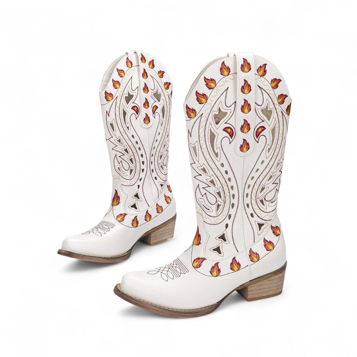 Botas Cowboy Mujer Camperas con Llamas Bordadas en la Caña