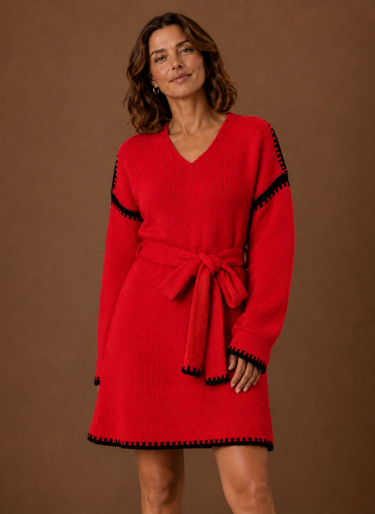 Jersey Vestido Mujer Cinturón Cuello V