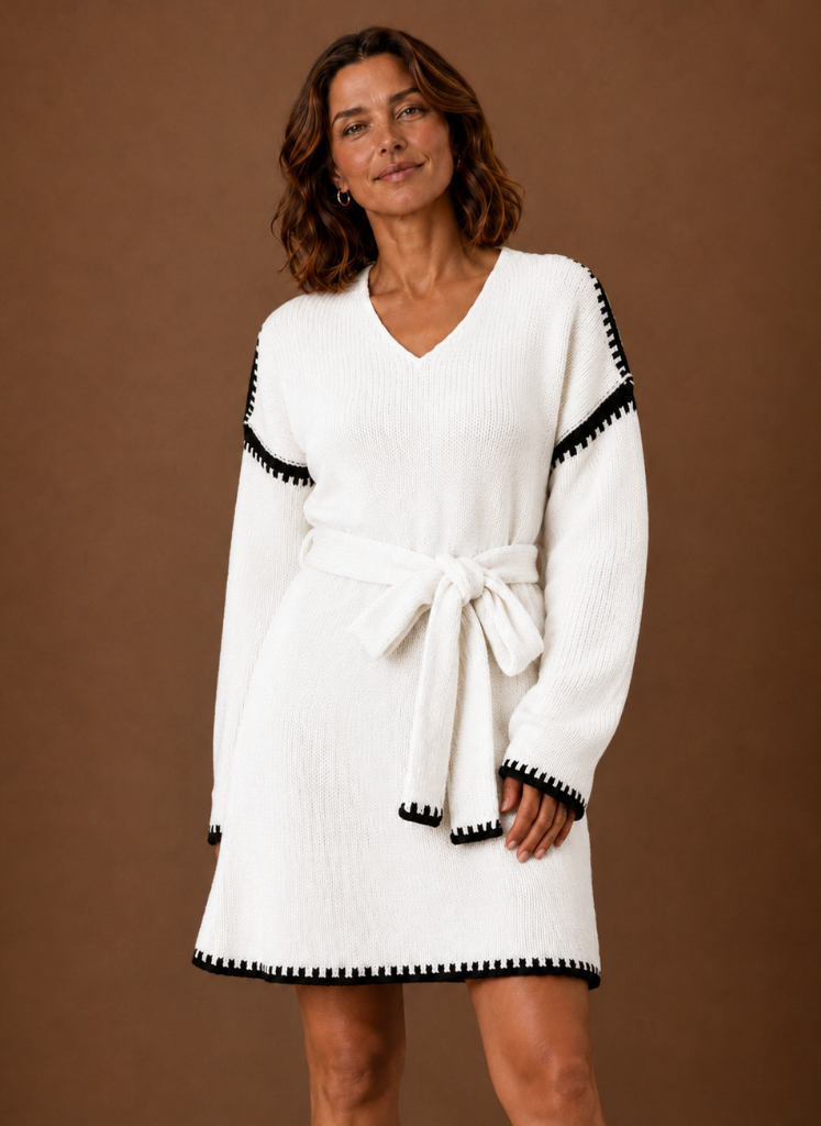 Jersey Vestido Mujer Cinturón Cuello V