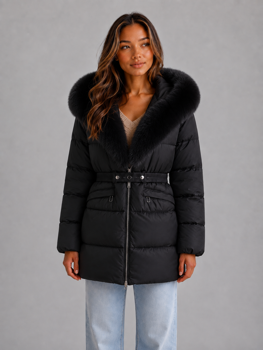 Chaqueta Acolchada Mujer con Capucha de Pelo Sintético y Cinturón - Negro