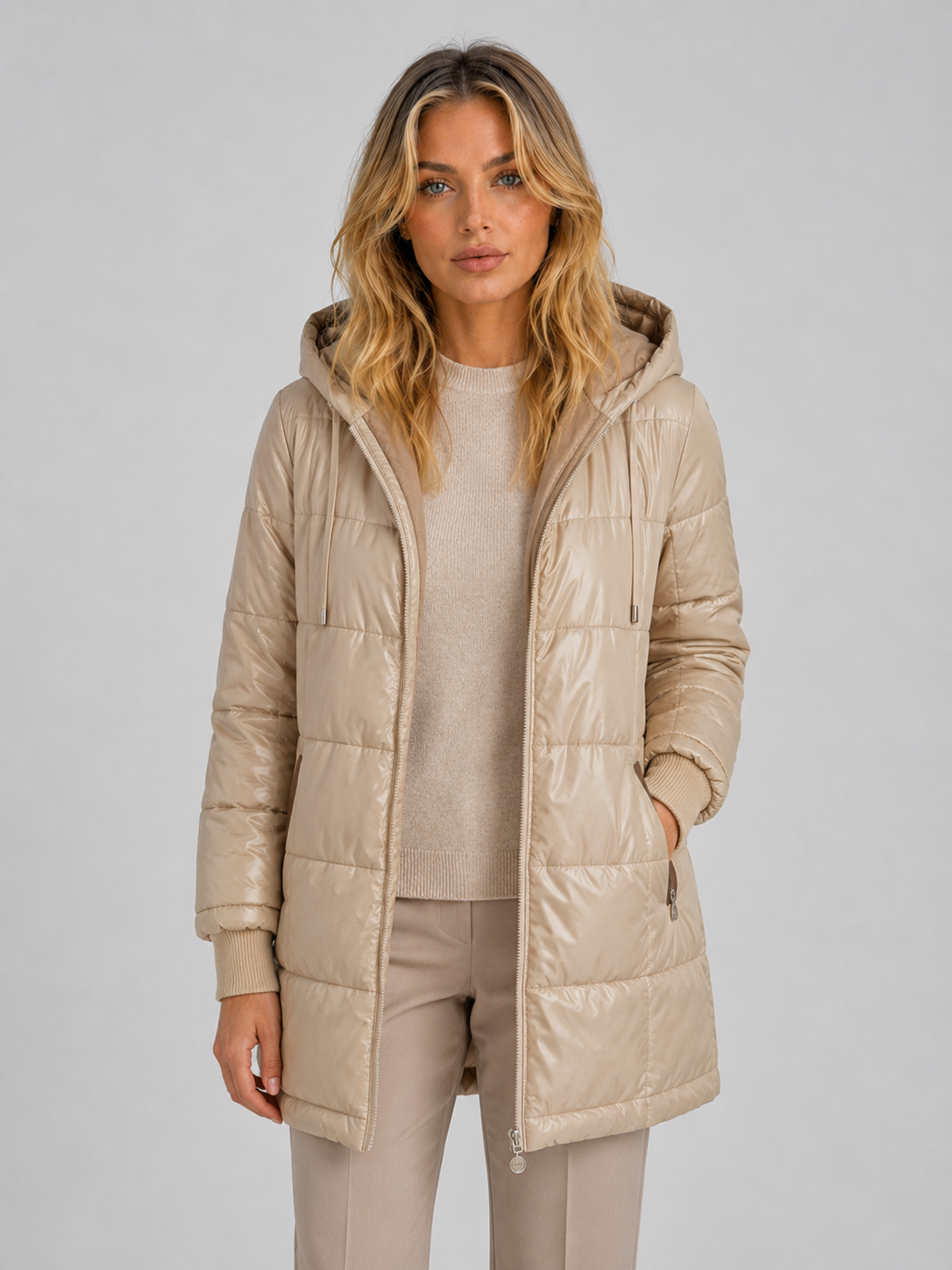 Abrigo Largo Mujer Acolchado con Capucha y Cremallera Completa - Beige
