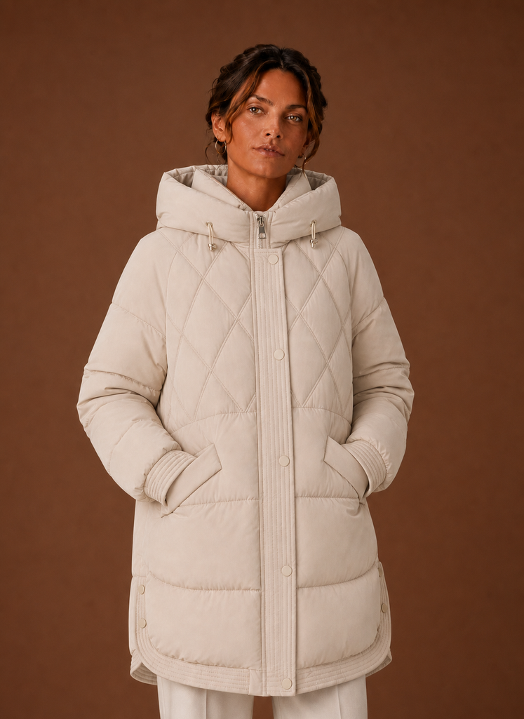 Plumífero Largo Mujer Capucha Rombos Elegante