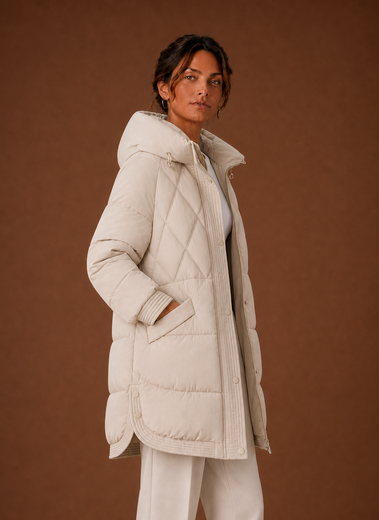 Plumífero Largo Mujer Capucha Rombos Elegante