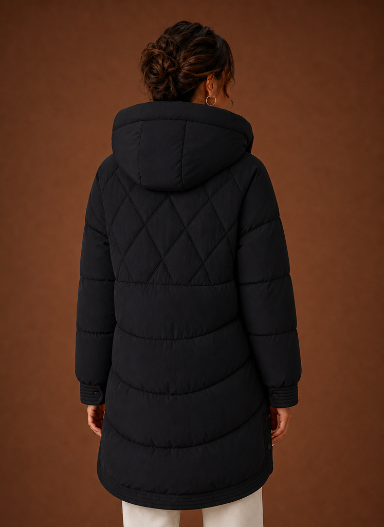 Plumífero Largo Mujer Capucha Rombos Elegante