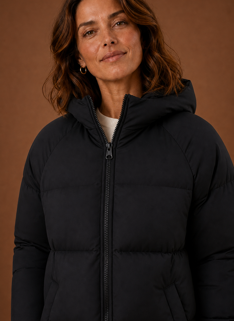 Chaqueta Acolchada Mujer Capucha Negra Cálida