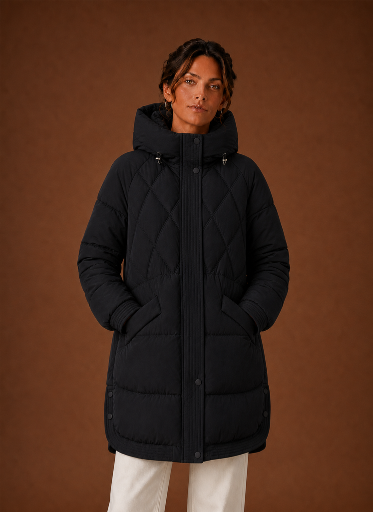 Plumífero Largo Mujer Capucha Rombos Elegante