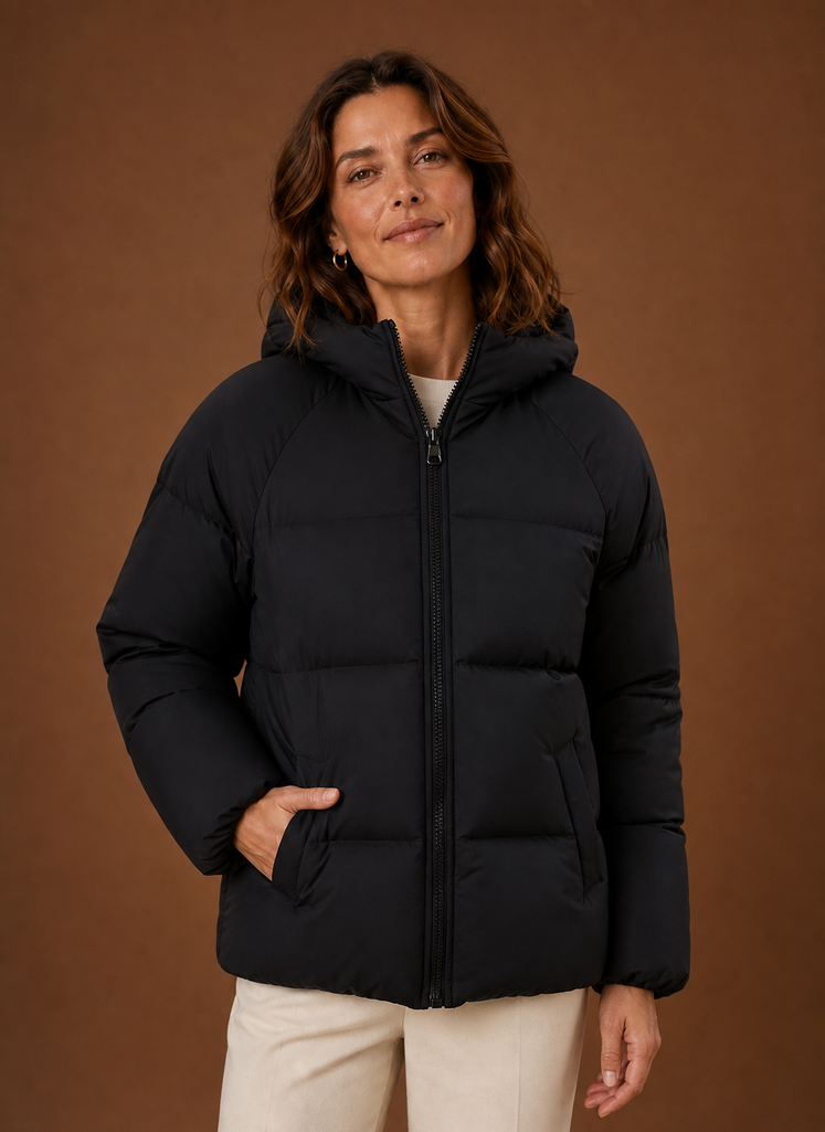Chaqueta Acolchada Mujer Capucha Negra Cálida
