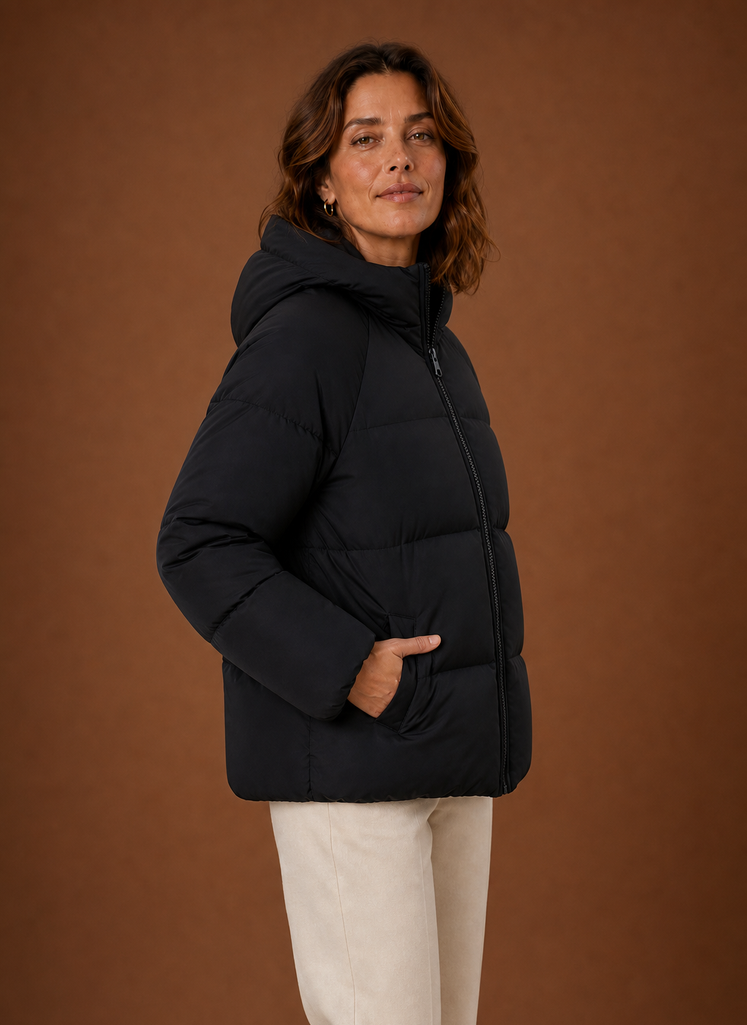 Chaqueta Acolchada Mujer Capucha Negra Cálida