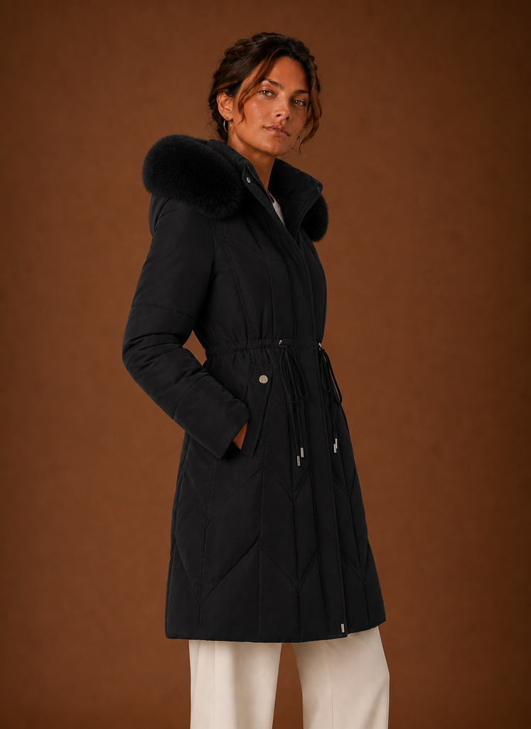 Plumífero Largo Mujer Capucha Ribeteada Elegante