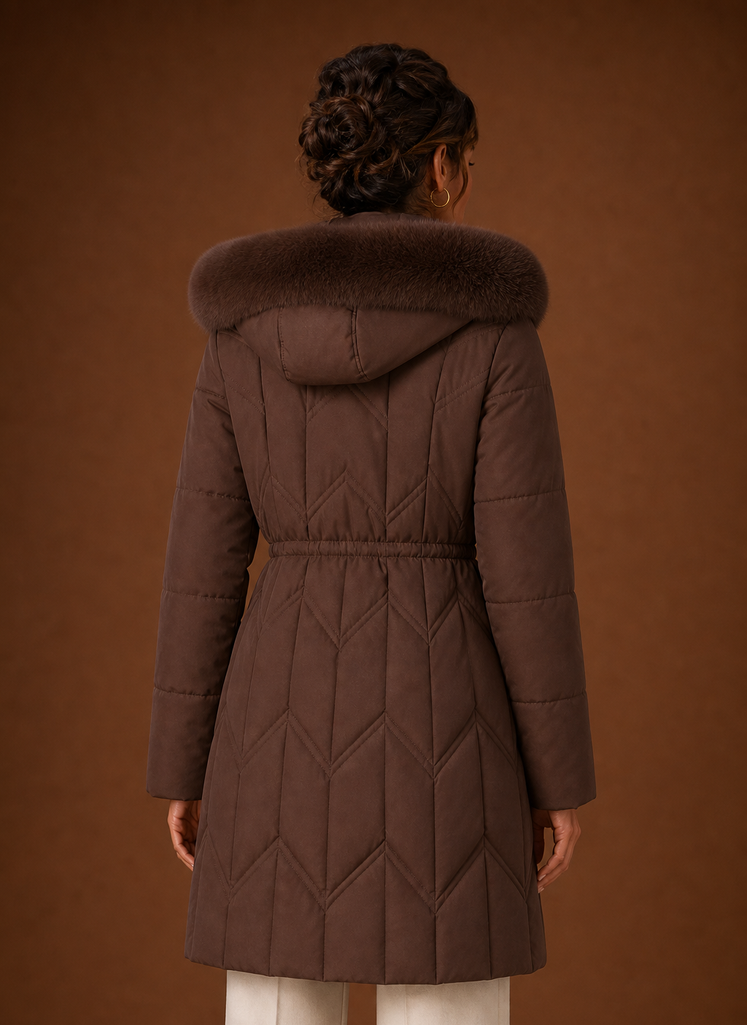 Plumífero Largo Mujer Capucha Ribeteada Elegante