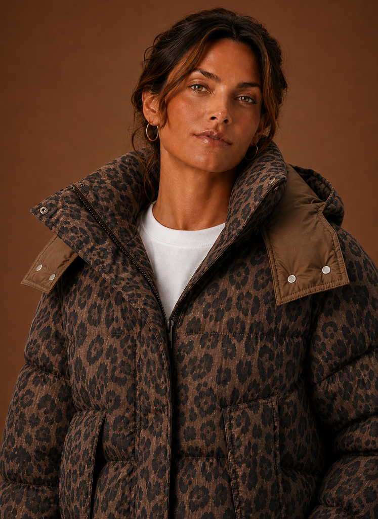 Plumífero Mujer Estampado de Leopardo Elegante