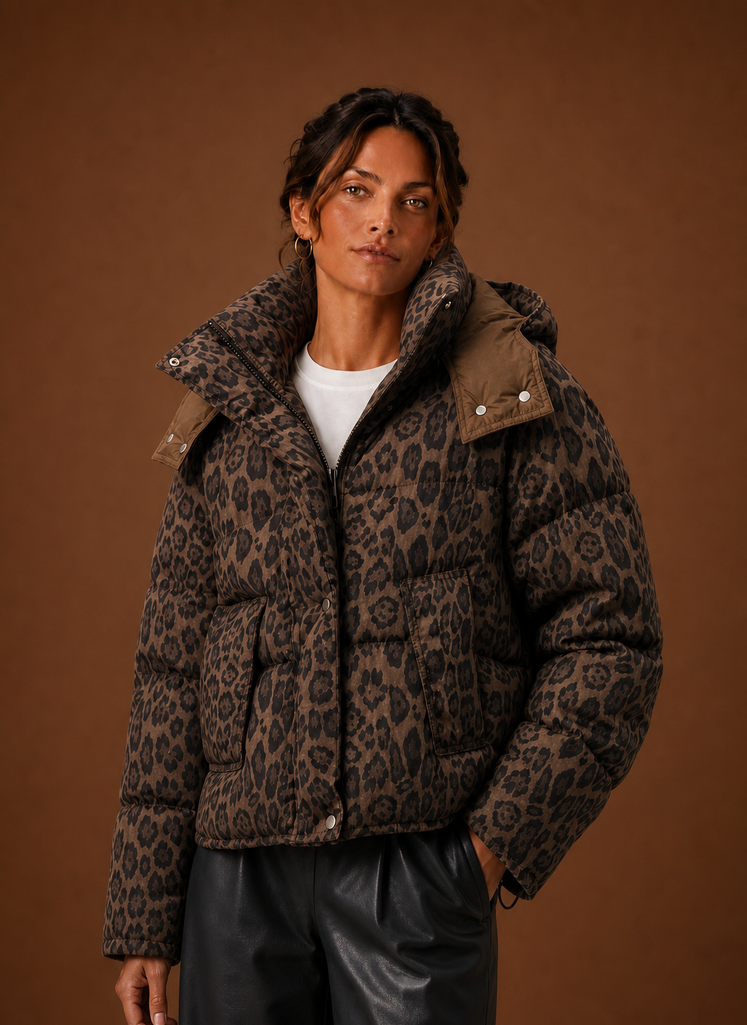 Plumífero Mujer Estampado de Leopardo Elegante