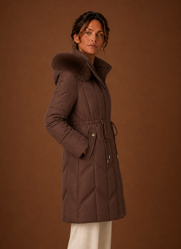 Plumífero Largo Mujer Capucha Ribeteada Elegante