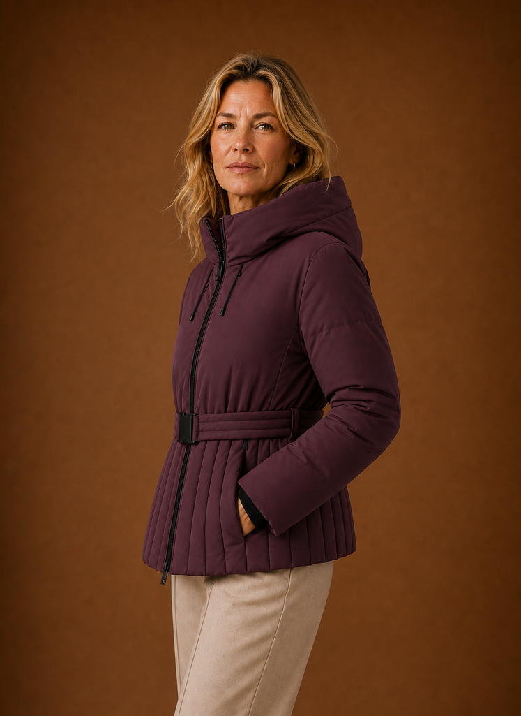 Chaqueta Acolchada Mujer Cinturón Pliegues Elegante