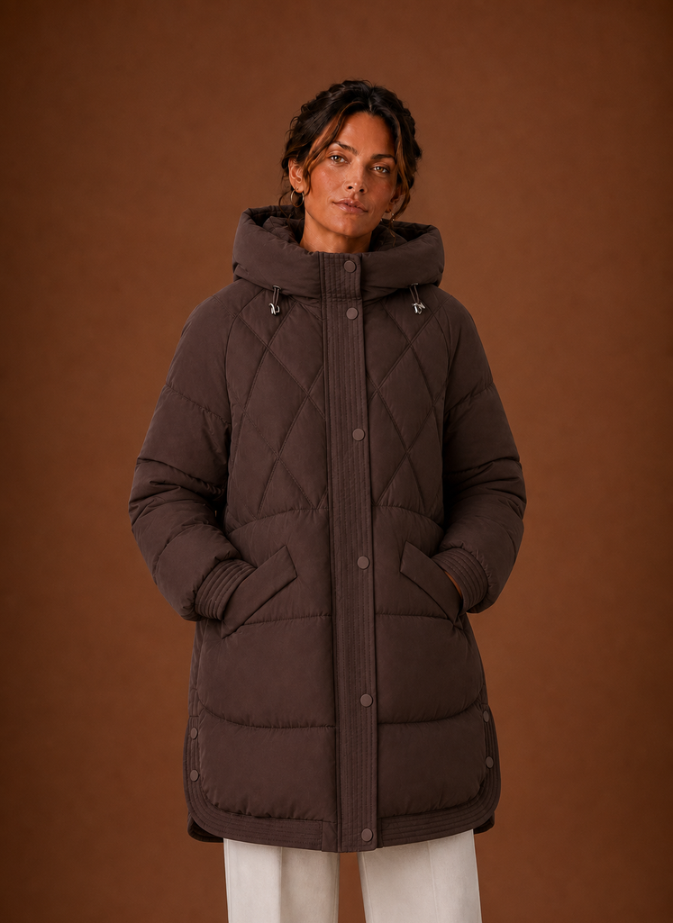 Plumífero Largo Mujer Capucha Rombos Elegante