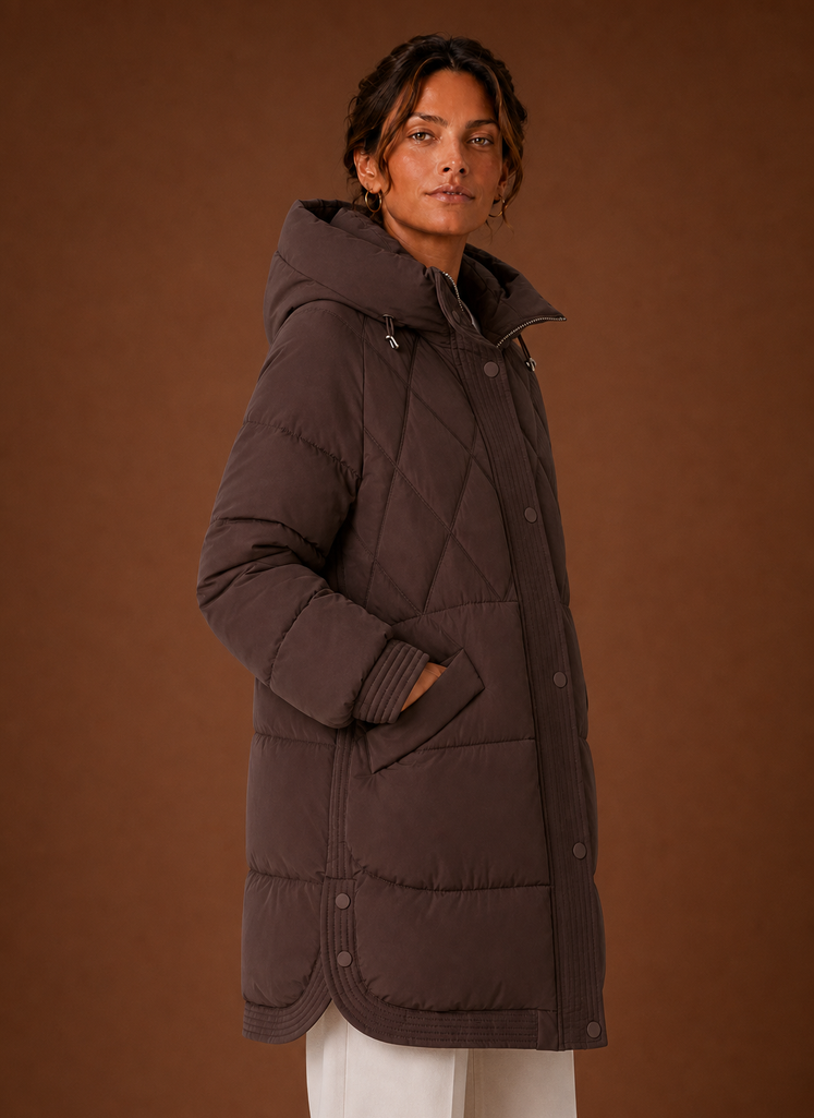 Plumífero Largo Mujer Capucha Rombos Elegante