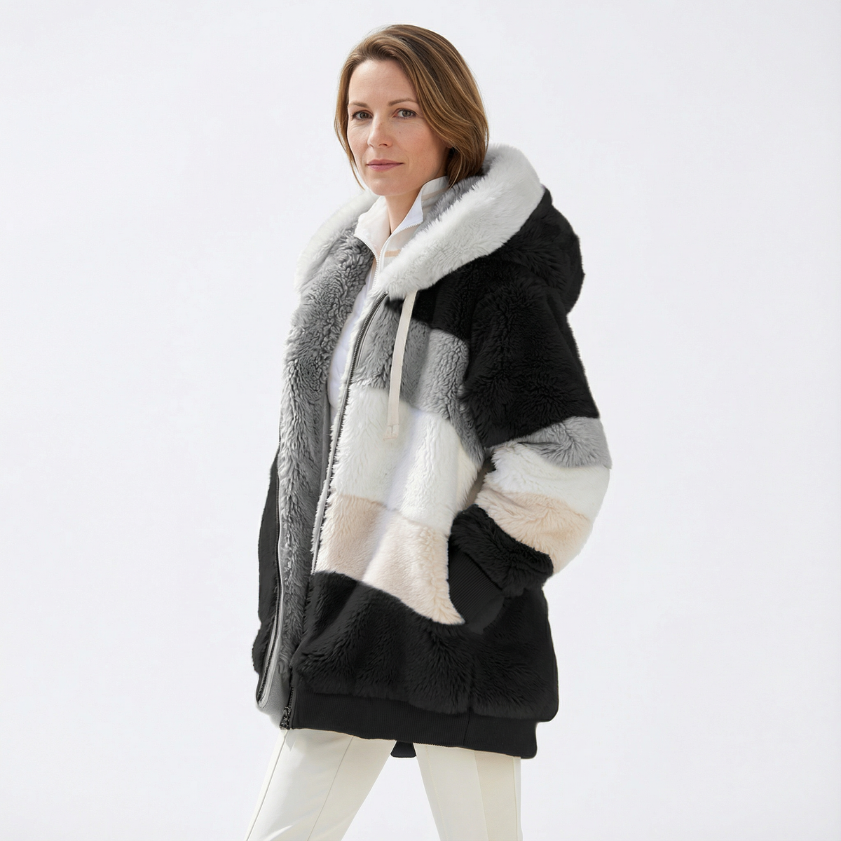 Cazadora Bicolor Oversize con Capucha Afelpada