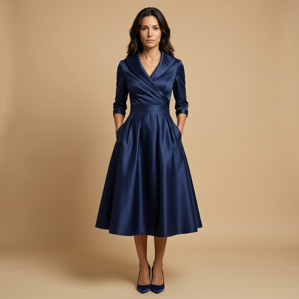 Vestido Midi Satén Cruzado Evasé Bolsillos