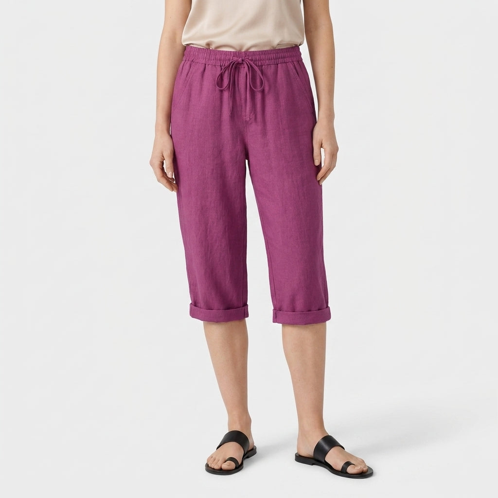 Pantalón Capri Mujer Lino Bolsillos