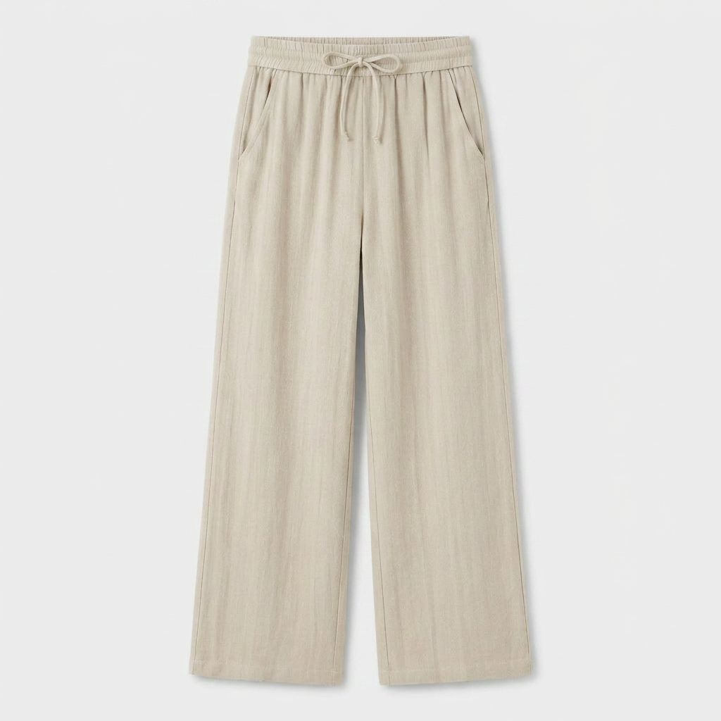 Pantalón Ancho Mujer Lino Bolsillos