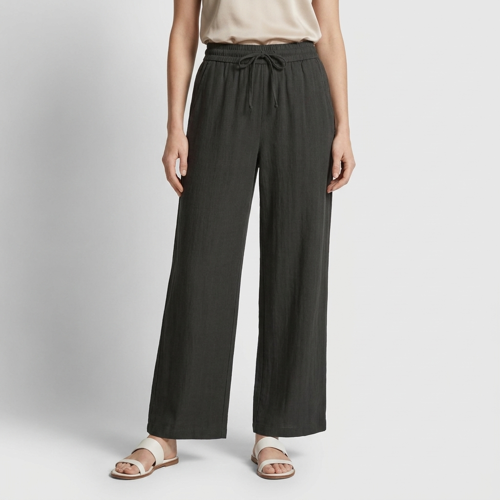 Pantalón Ancho Mujer Lino Bolsillos