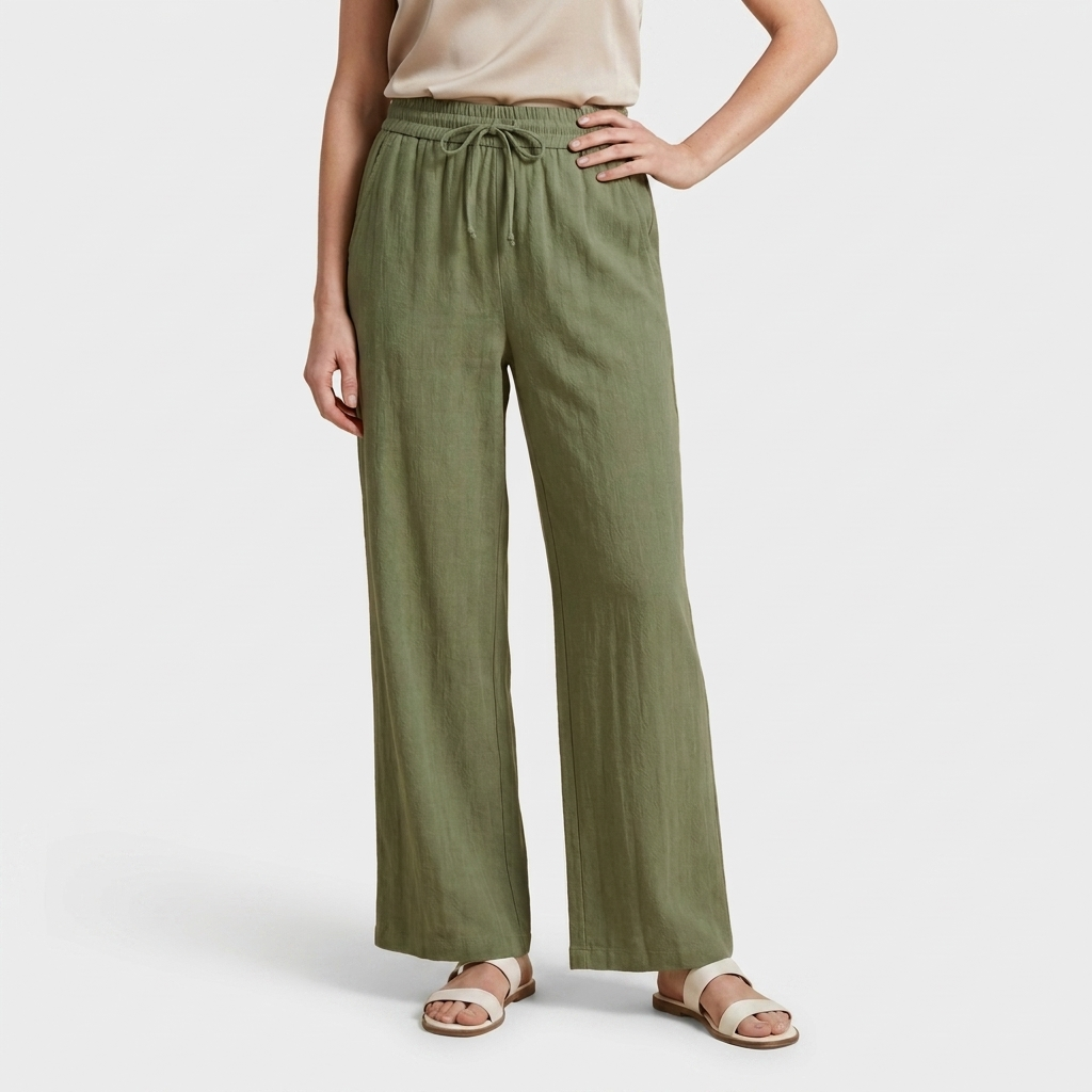 Pantalón Ancho Mujer Lino Bolsillos