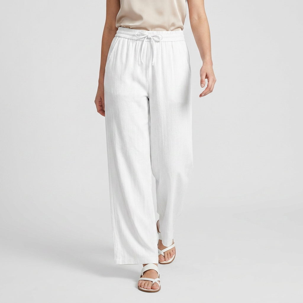 Pantalón Ancho Mujer Lino Bolsillos