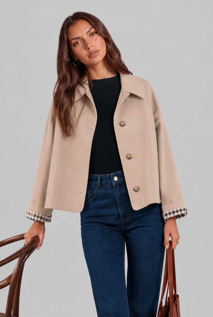 Trench Mujer Corto Boxy con Forro de Cuadros y Botones Grandes - Vista 1