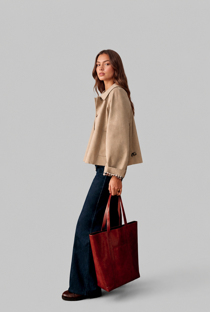 Trench Mujer Corto Boxy con Forro de Cuadros y Botones Grandes - Vista 5