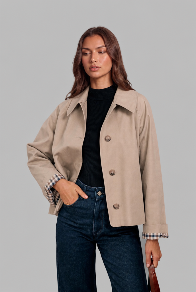 Trench Mujer Corto Boxy con Forro de Cuadros y Botones Grandes - Vista 3