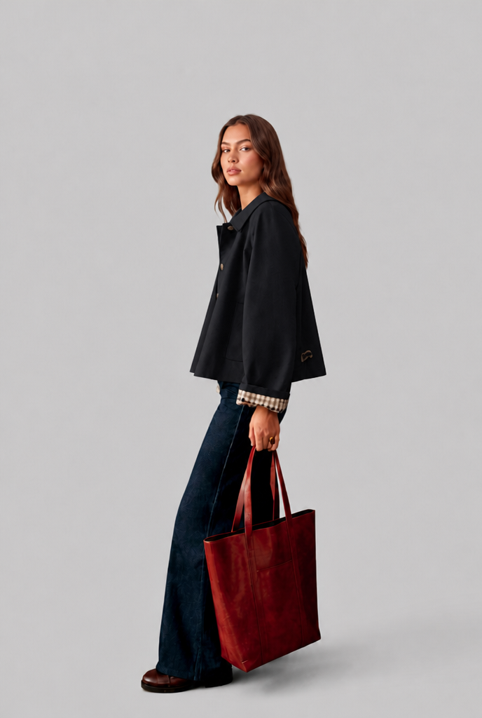 Trench Mujer Corto Boxy con Forro de Cuadros y Botones Grandes - Vista 15