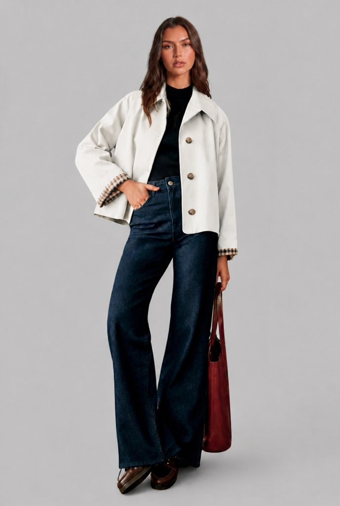 Trench Mujer Corto Boxy con Forro de Cuadros y Botones Grandes - Vista 17