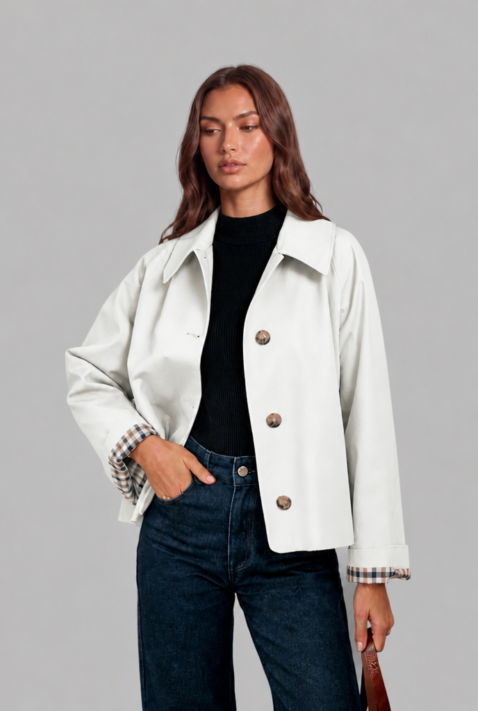 Trench Mujer Corto Boxy con Forro de Cuadros y Botones Grandes - Vista 18