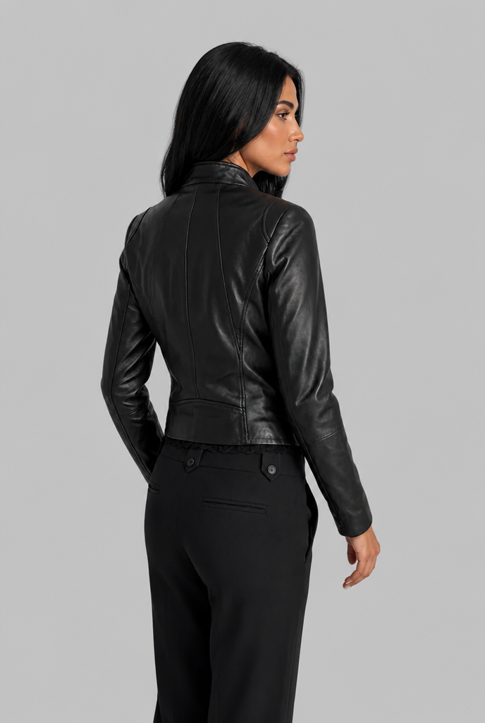 Cazadora Biker Mujer de Cuero Auténtico Corta con Cremallera Asimétrica - Vista 5