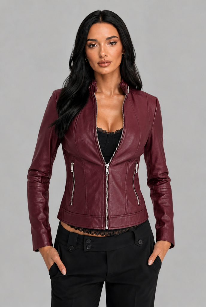 Cazadora Biker Mujer de Cuero Auténtico Corta con Cremallera Asimétrica - Vista 7
