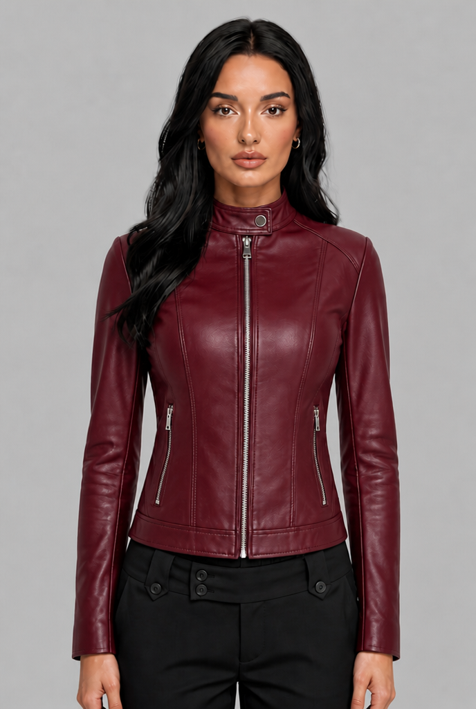 Cazadora Biker Mujer de Cuero Auténtico Corta con Cremallera Asimétrica - Vista 8