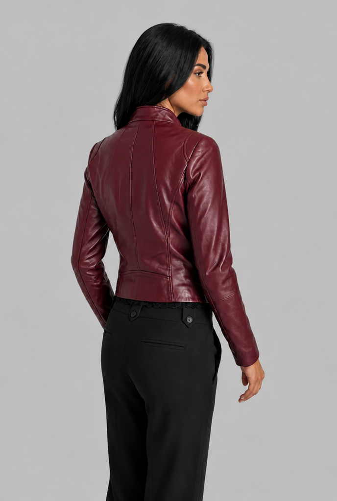Cazadora Biker Mujer de Cuero Auténtico Corta con Cremallera Asimétrica - Vista 10