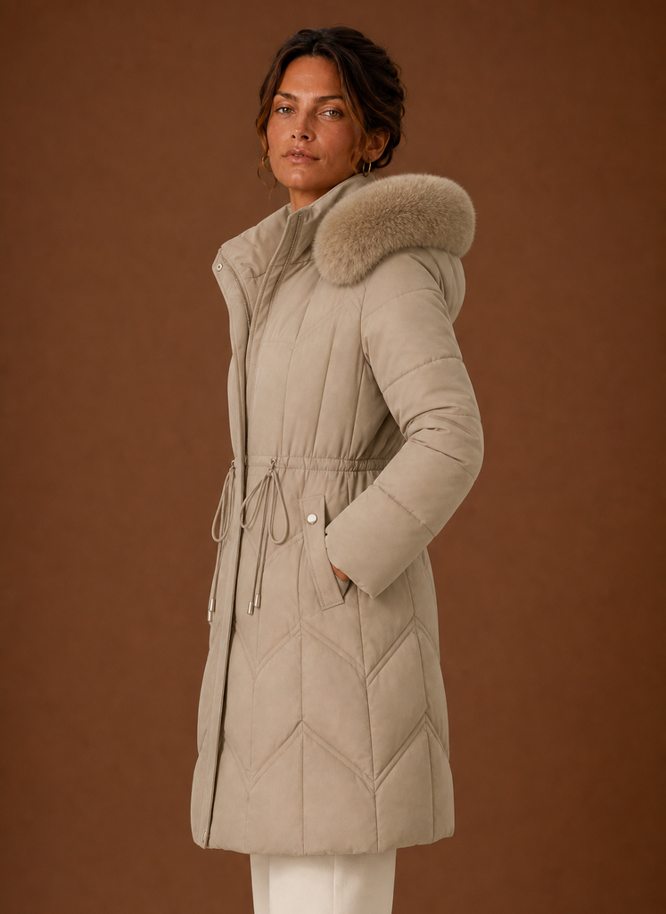 Plumífero Largo Mujer Capucha Ribeteada Elegante