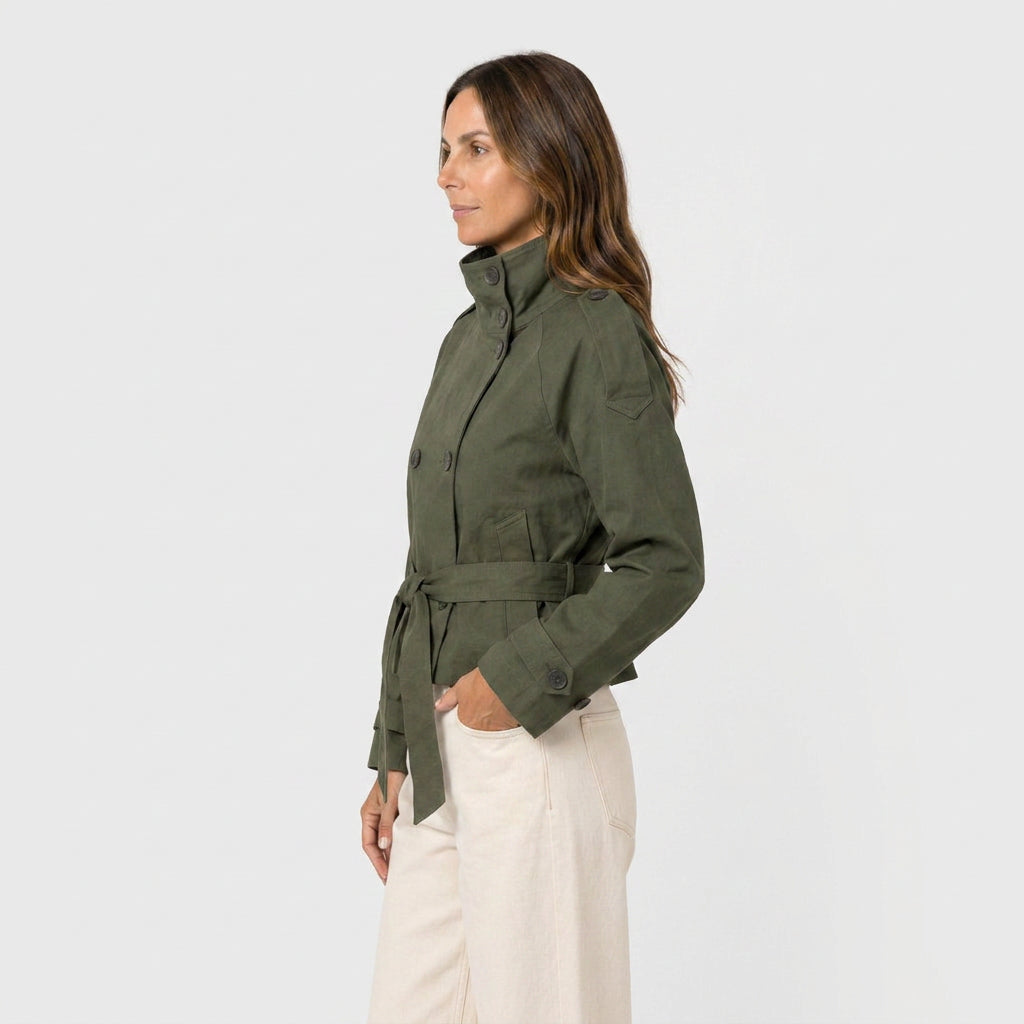 Trench Corto Mujer Cuello Alto Militar
